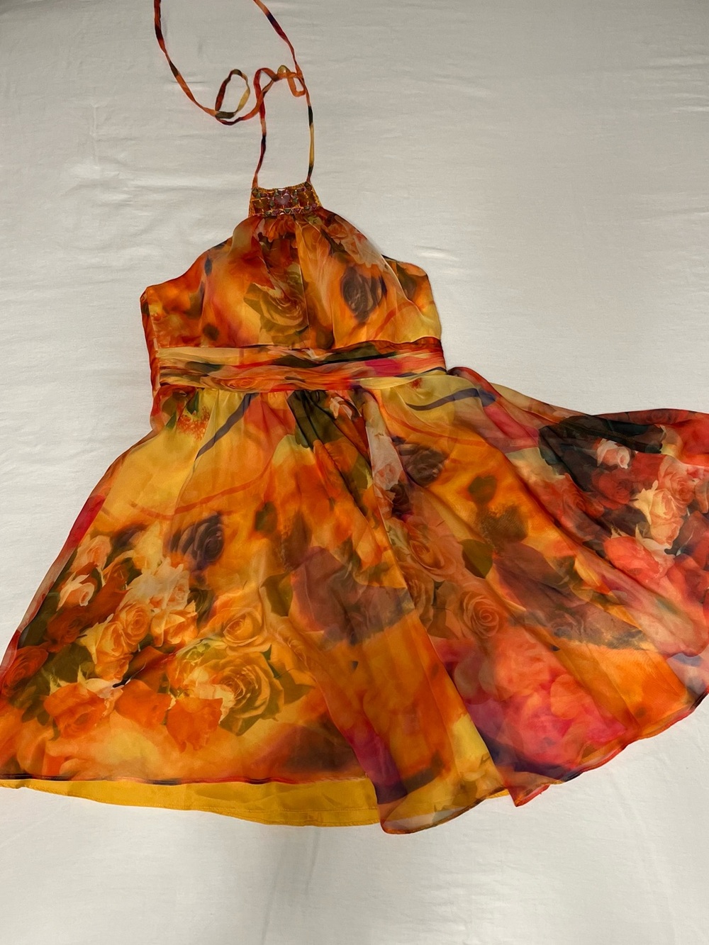 Vintage Oleg Cassini Y2K Watercolor Floral chiffon Halter Dress Jeweled Neckline